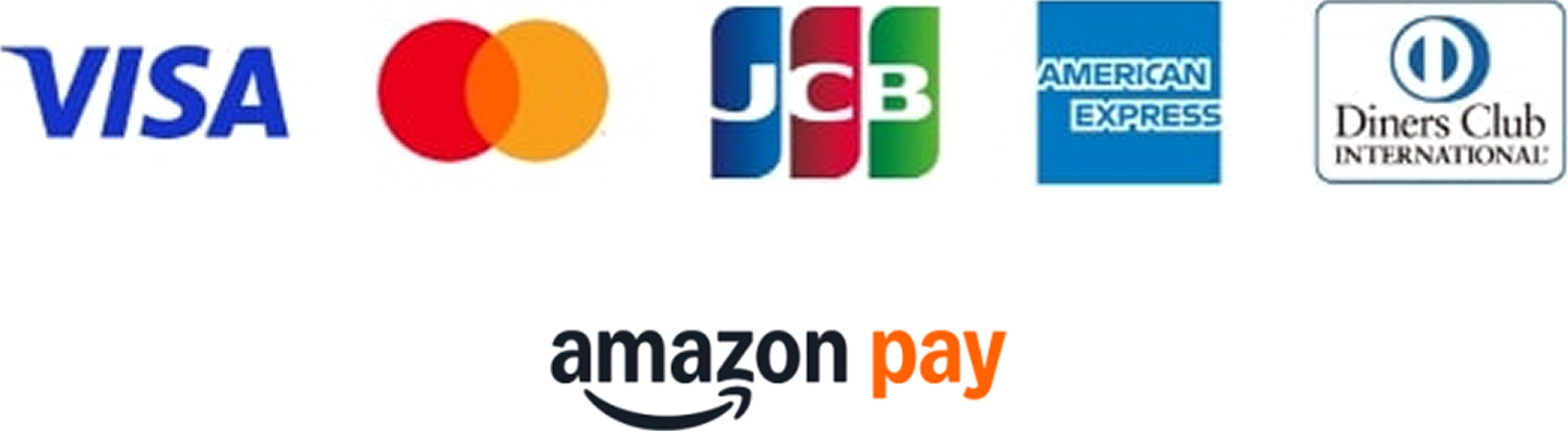 VISA、Mastercard、JCB、American Express、Diners Club、Amazon Pay